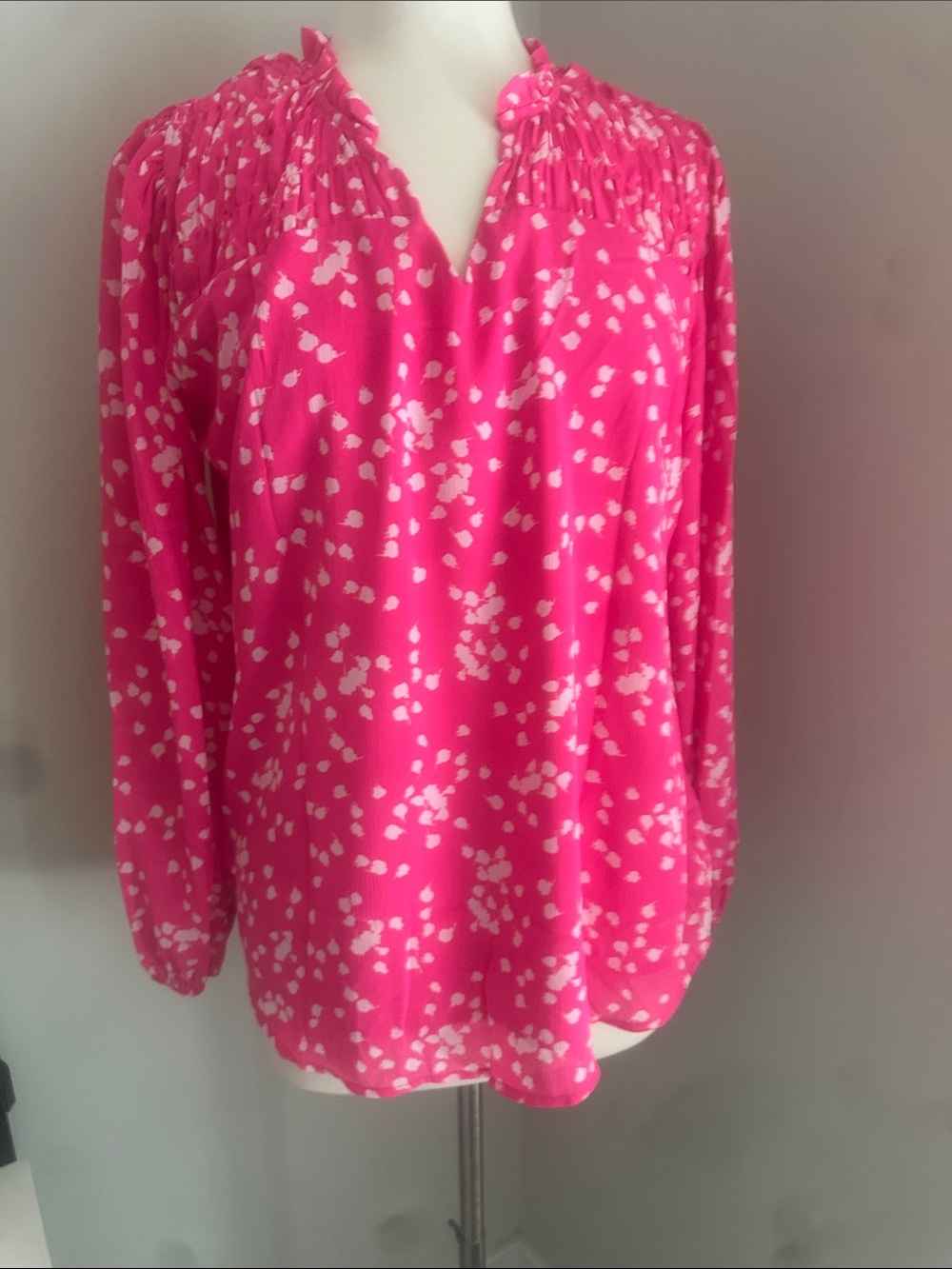 Bright Pink Printed Long-Sleeve Blouse with Smocked Yoke